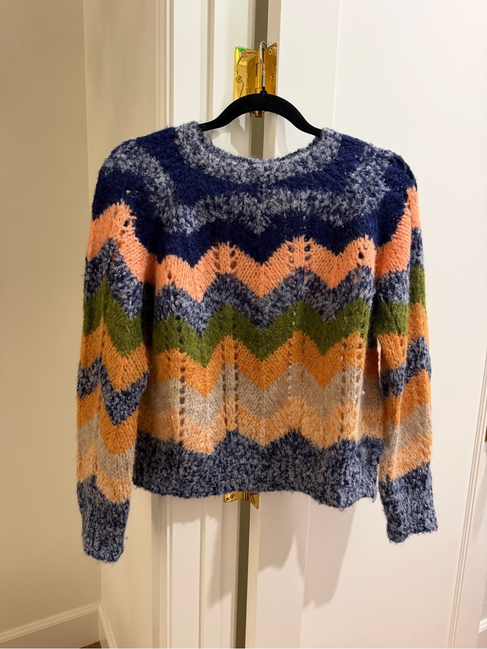 MOTHER Chevron Knit Sweater in Navy, Peach & Green